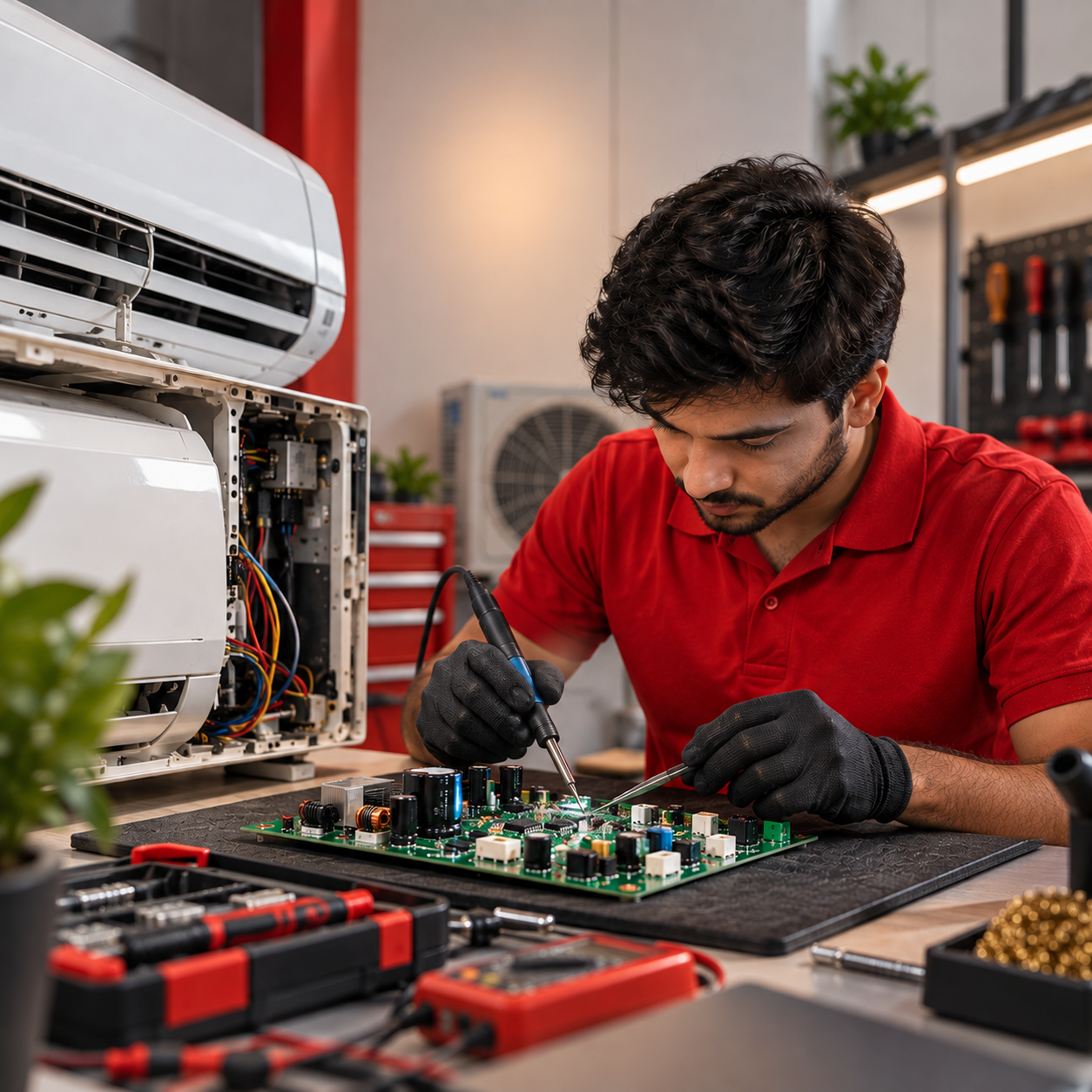 Swastik AC technician repairing an AC PCB