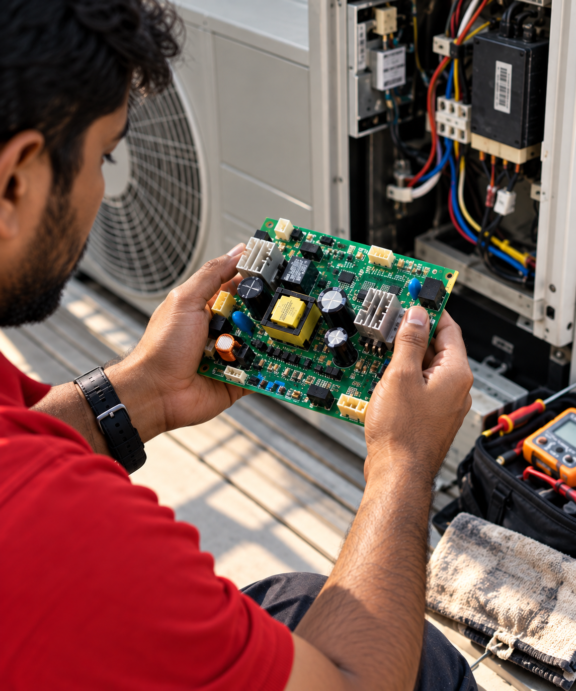 AC technician holding PCB