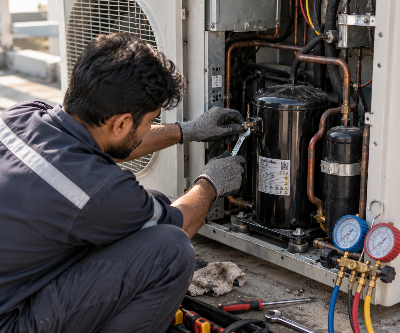 AC technician repairing compressor