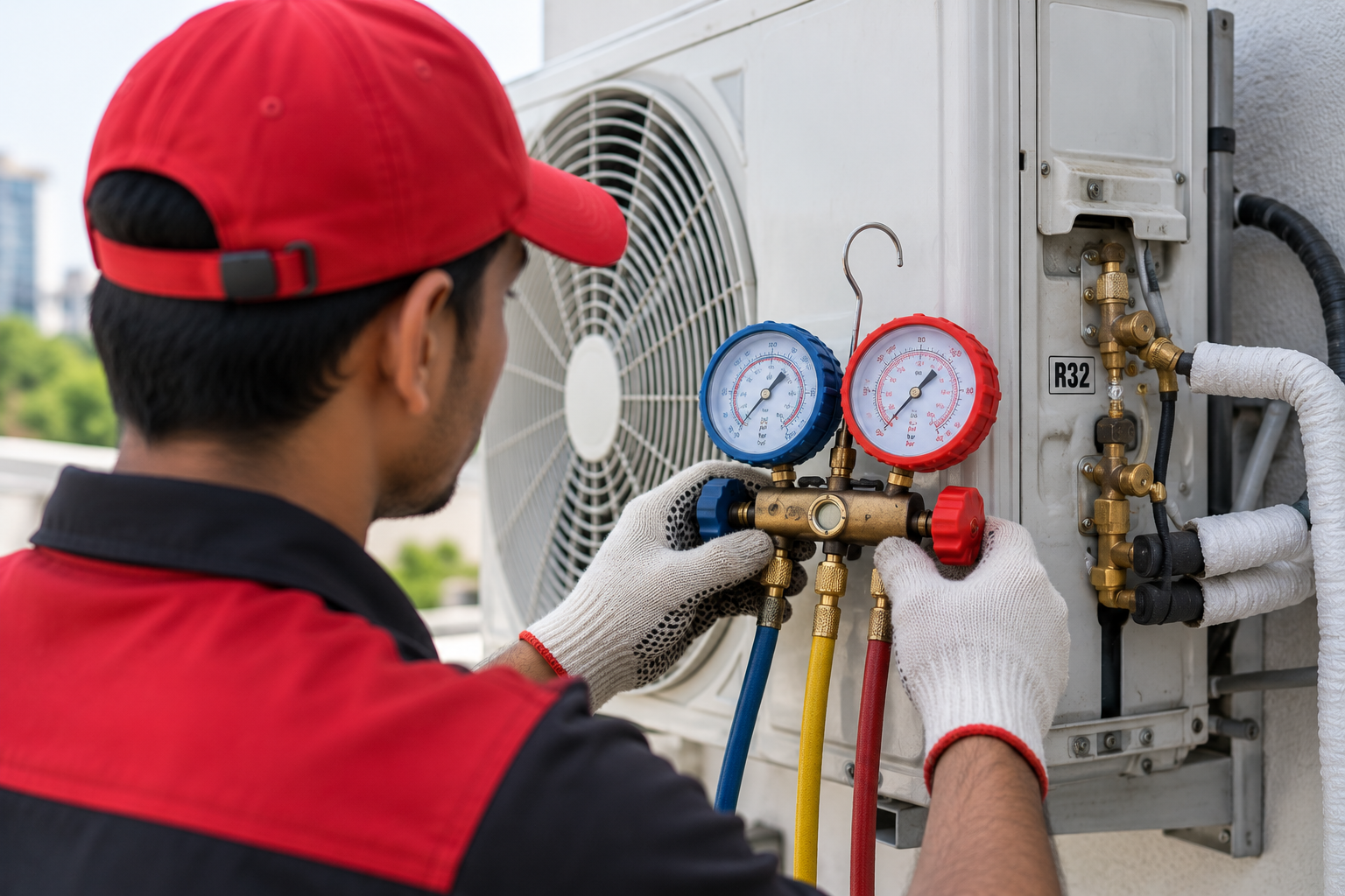 Technician checking AC refrigerant pressure