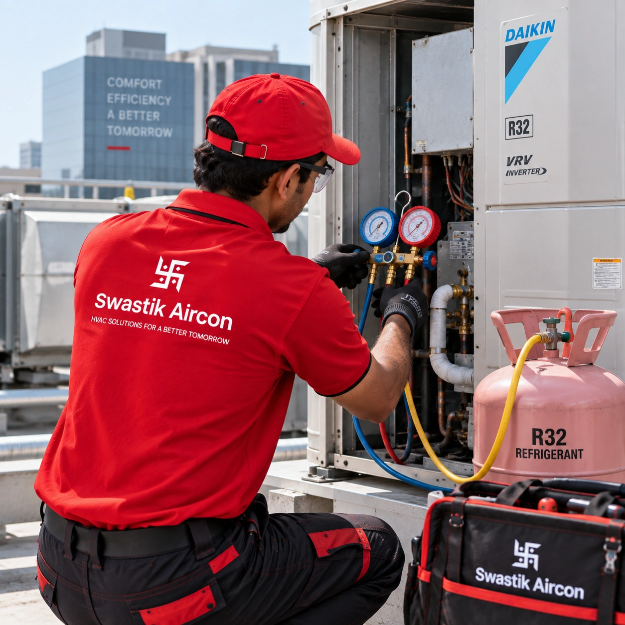 Professional AC technician refilling refrigerant gas