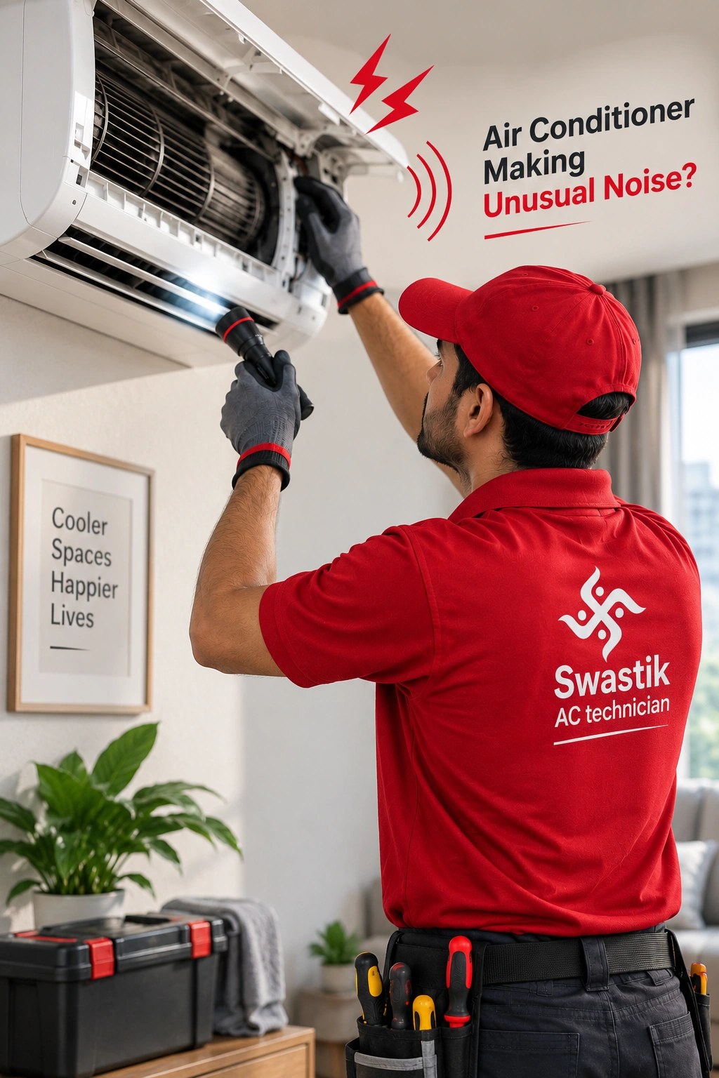 AC technician inspecting noisy air conditioner