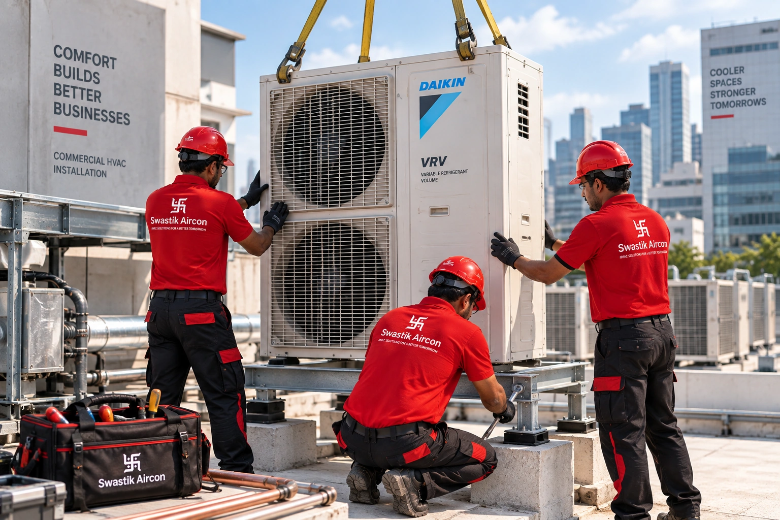 Commercial AC technician servicing outdoor HVAC equipment