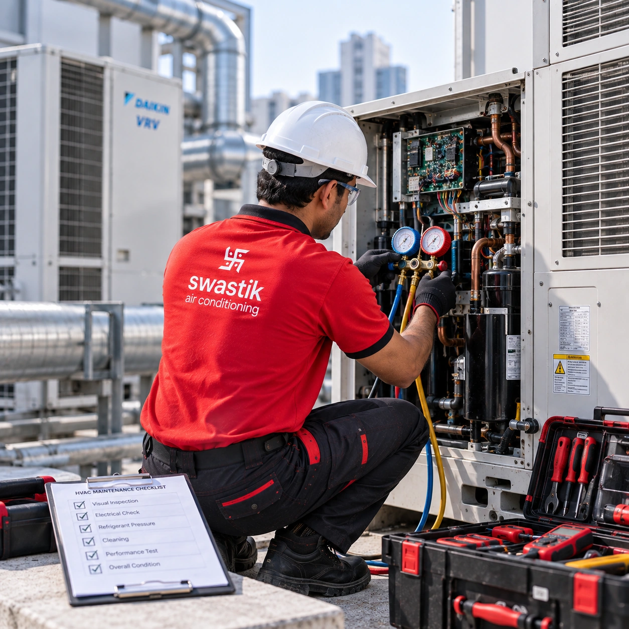 Professional technician performing AC and HVAC maintenance