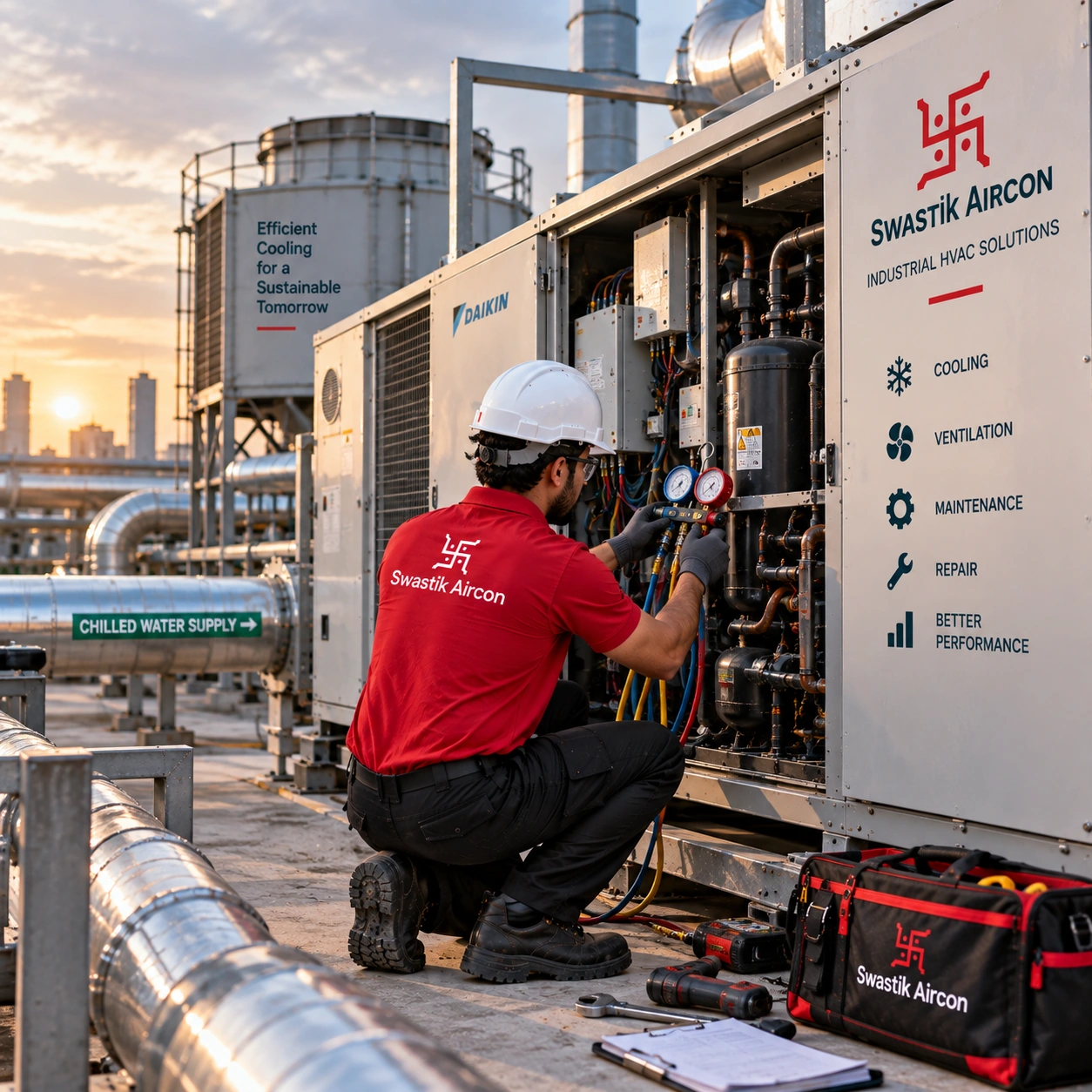 Professional technician working on industrial HVAC equipment
