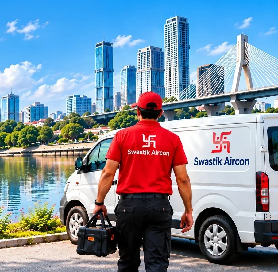 Swastik Aircon technician near service vehicle in Gujarat