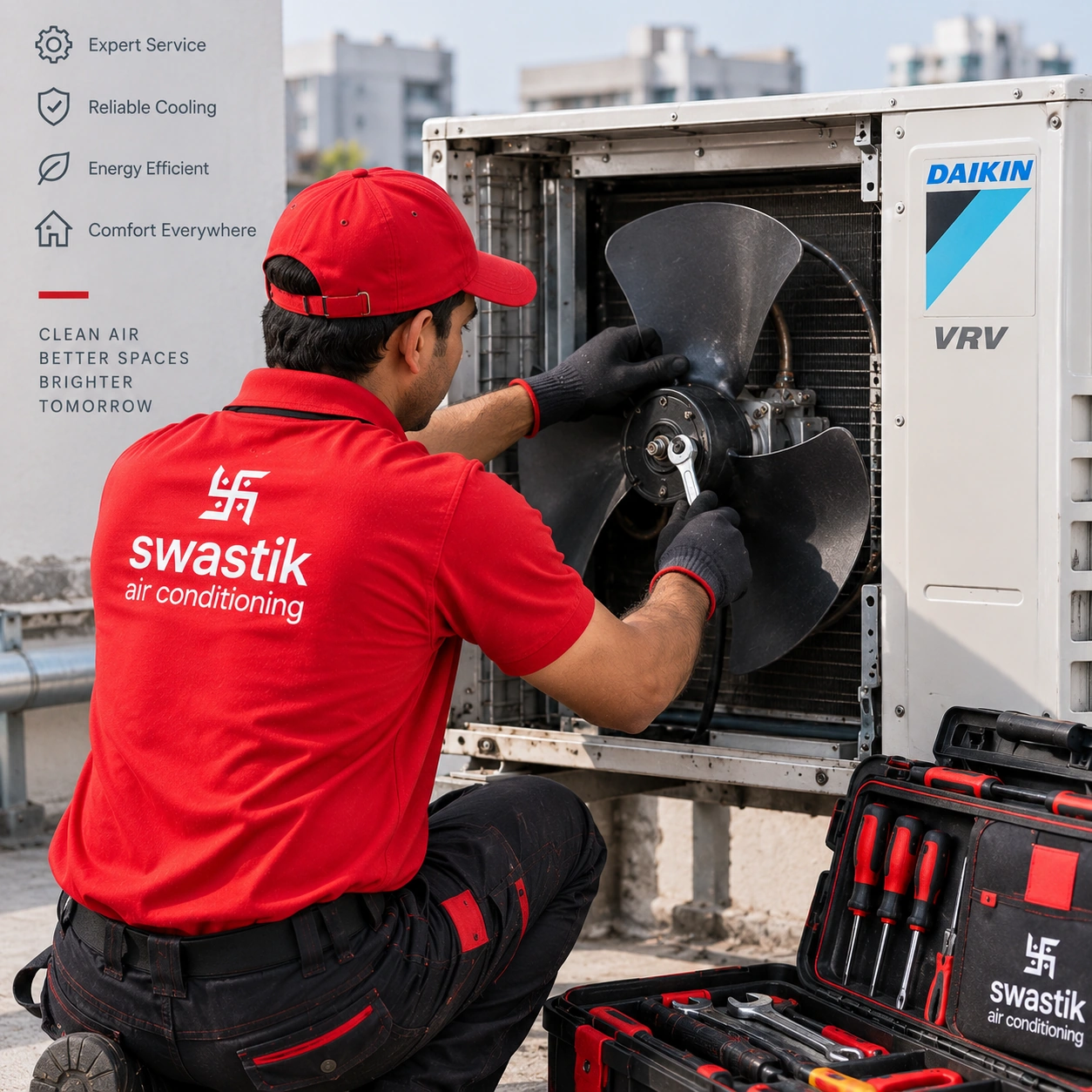 Swastik AC technician repairing an air conditioner fan