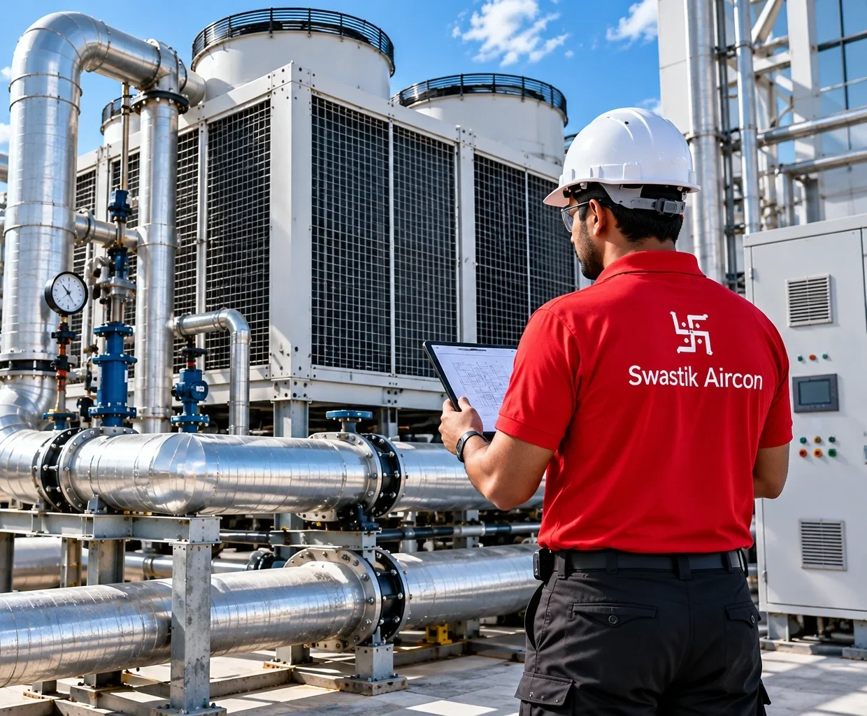 Swastik Aircon professional technician working with industrial HVAC equipment