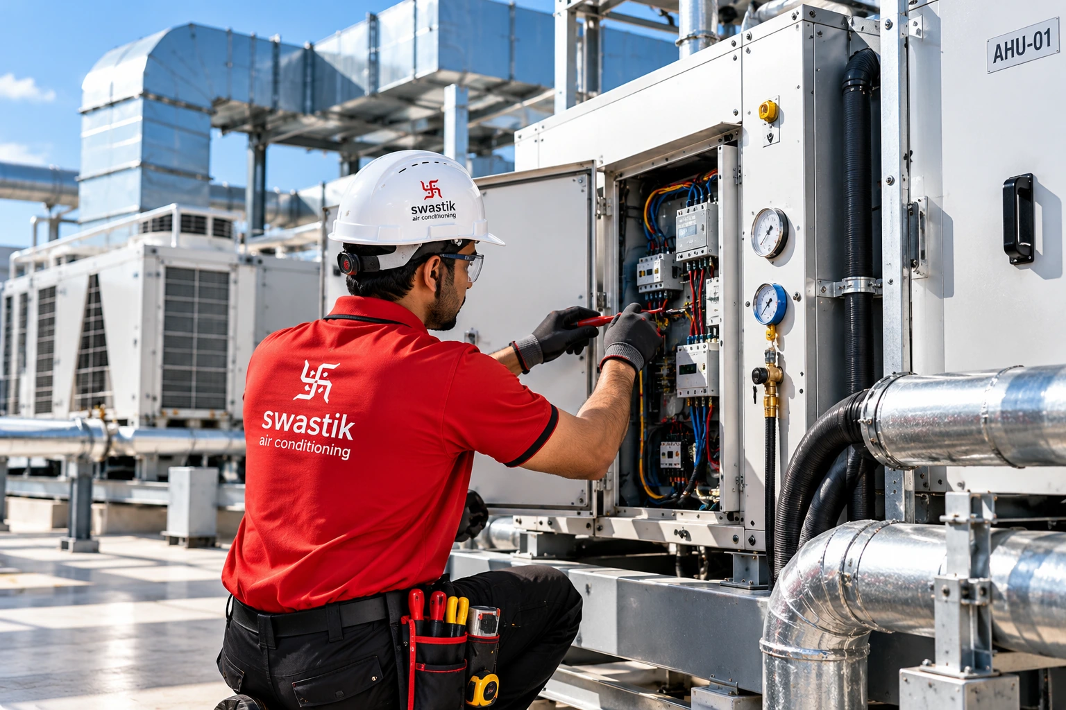 Technician working on industrial HVAC equipment