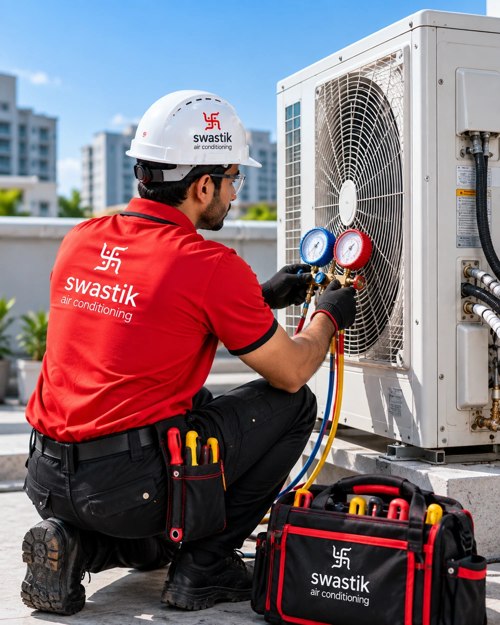 Swastik Aircon technician repairing outdoor AC unit