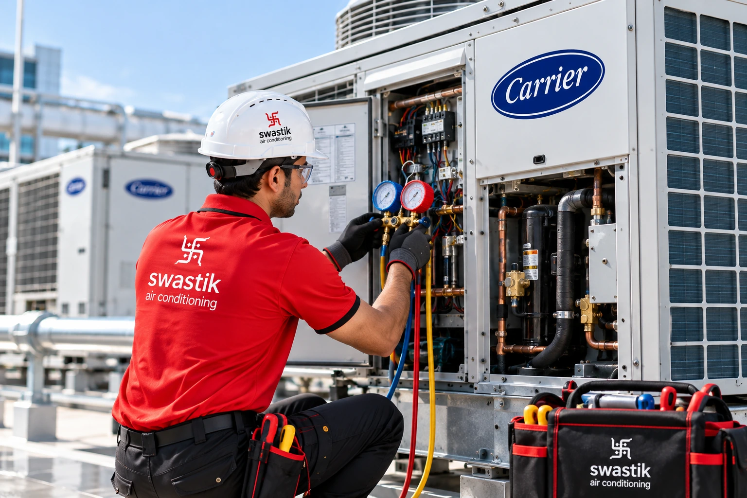 HVAC technician servicing Carrier AC