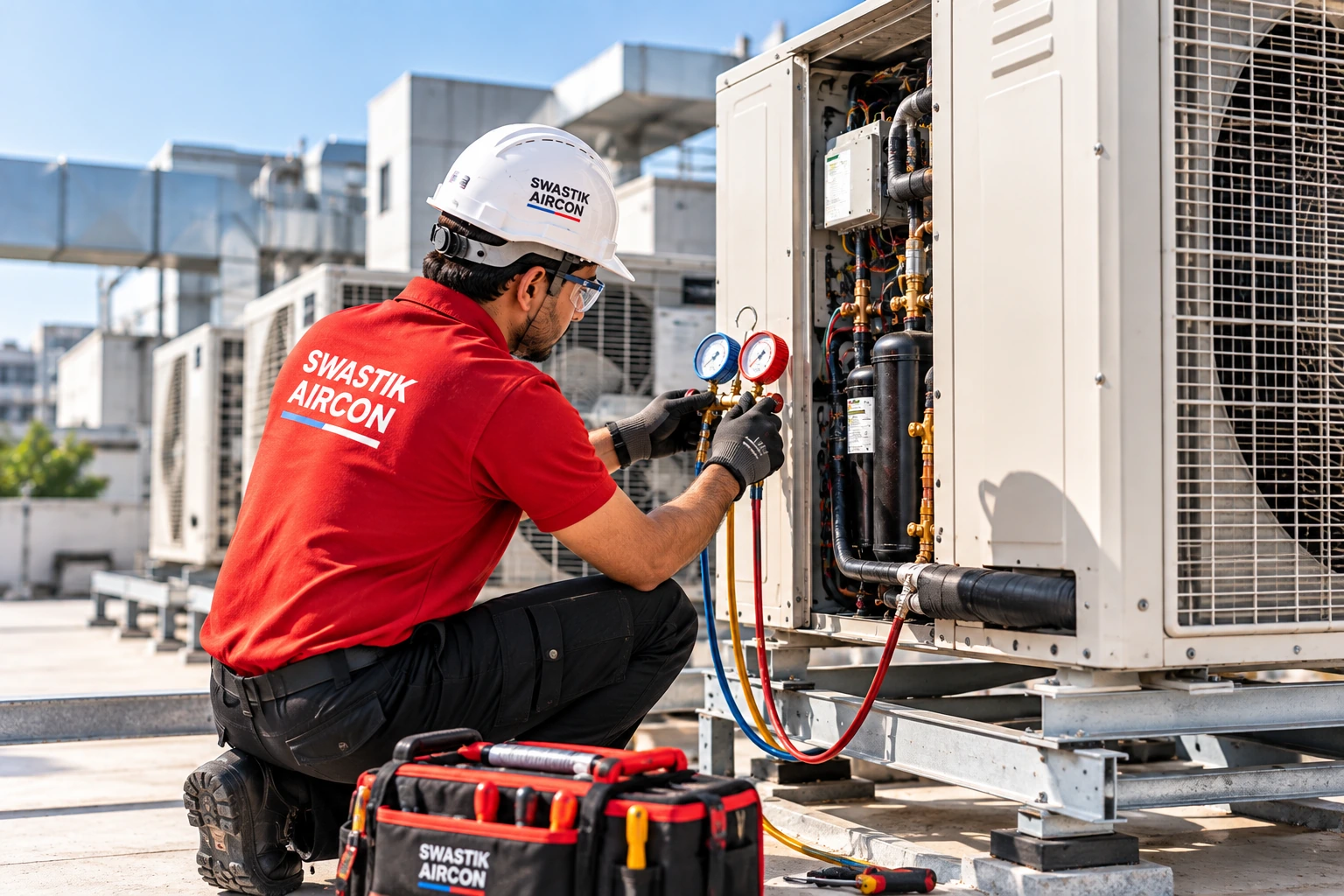 Swastik Aircon technician servicing outdoor AC equipment