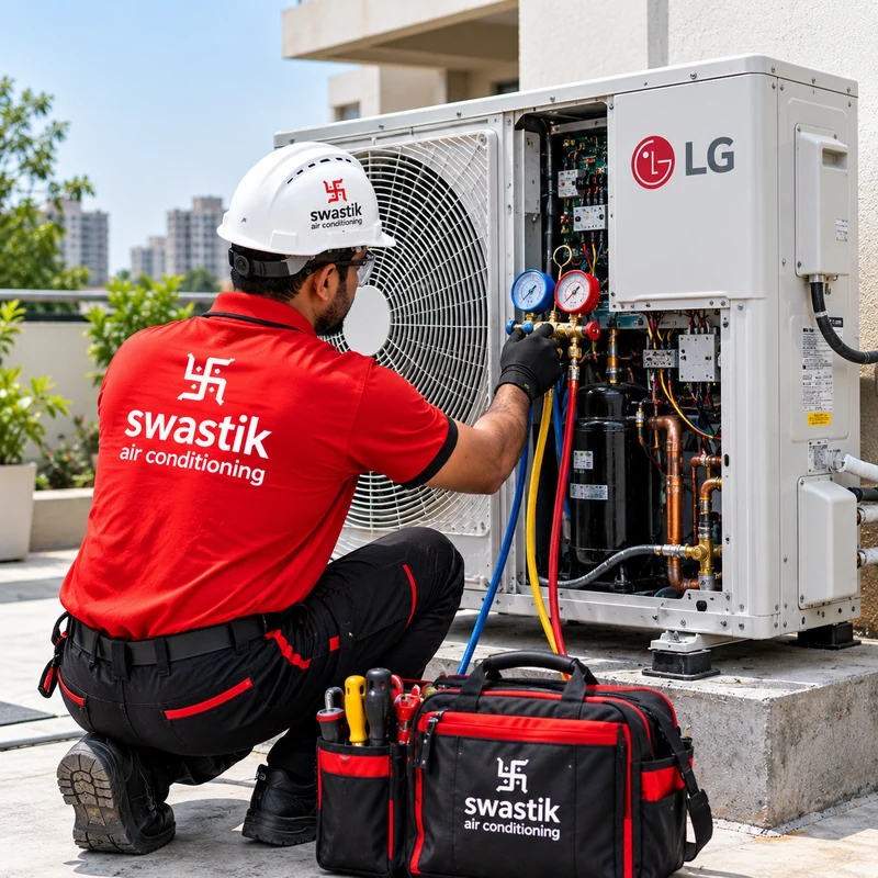 Swastik Aircon technician servicing LG outdoor AC unit