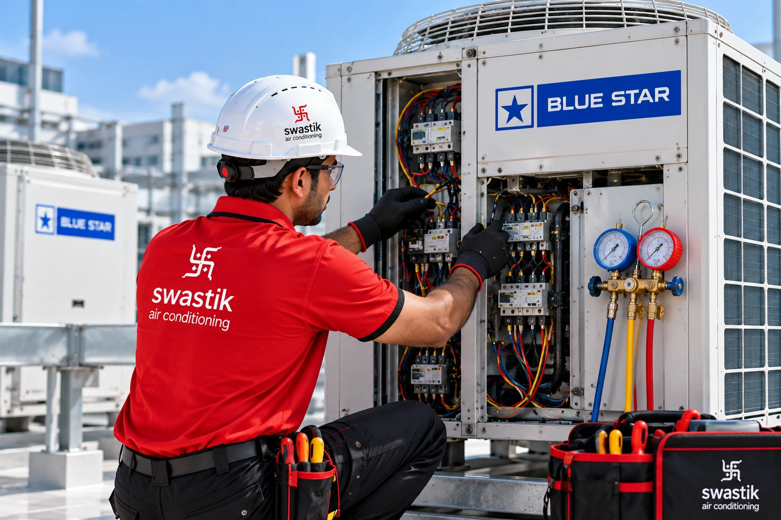 Swastik Aircon technician servicing Blue Star AC