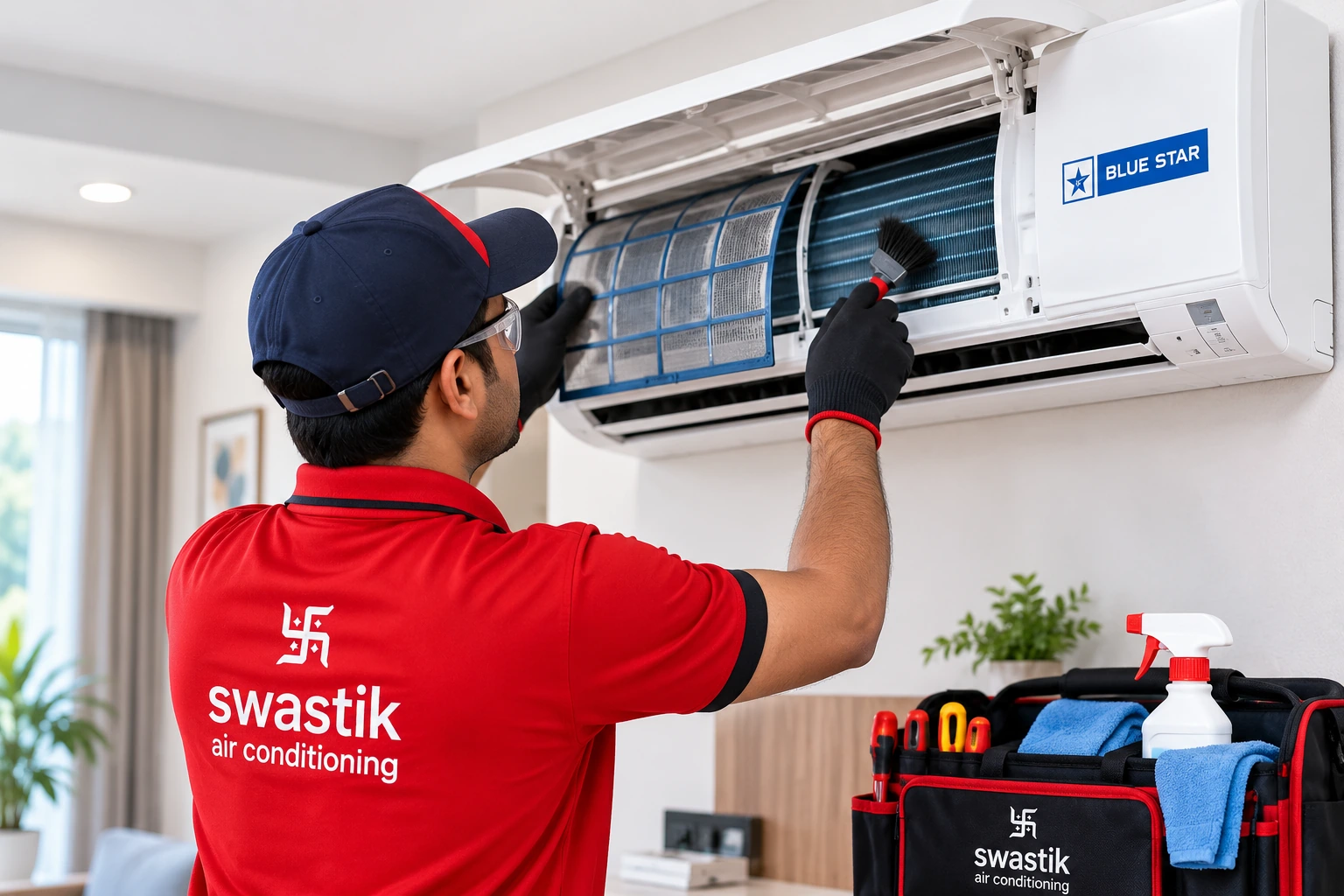 Swastik Aircon technician servicing Blue Star indoor AC