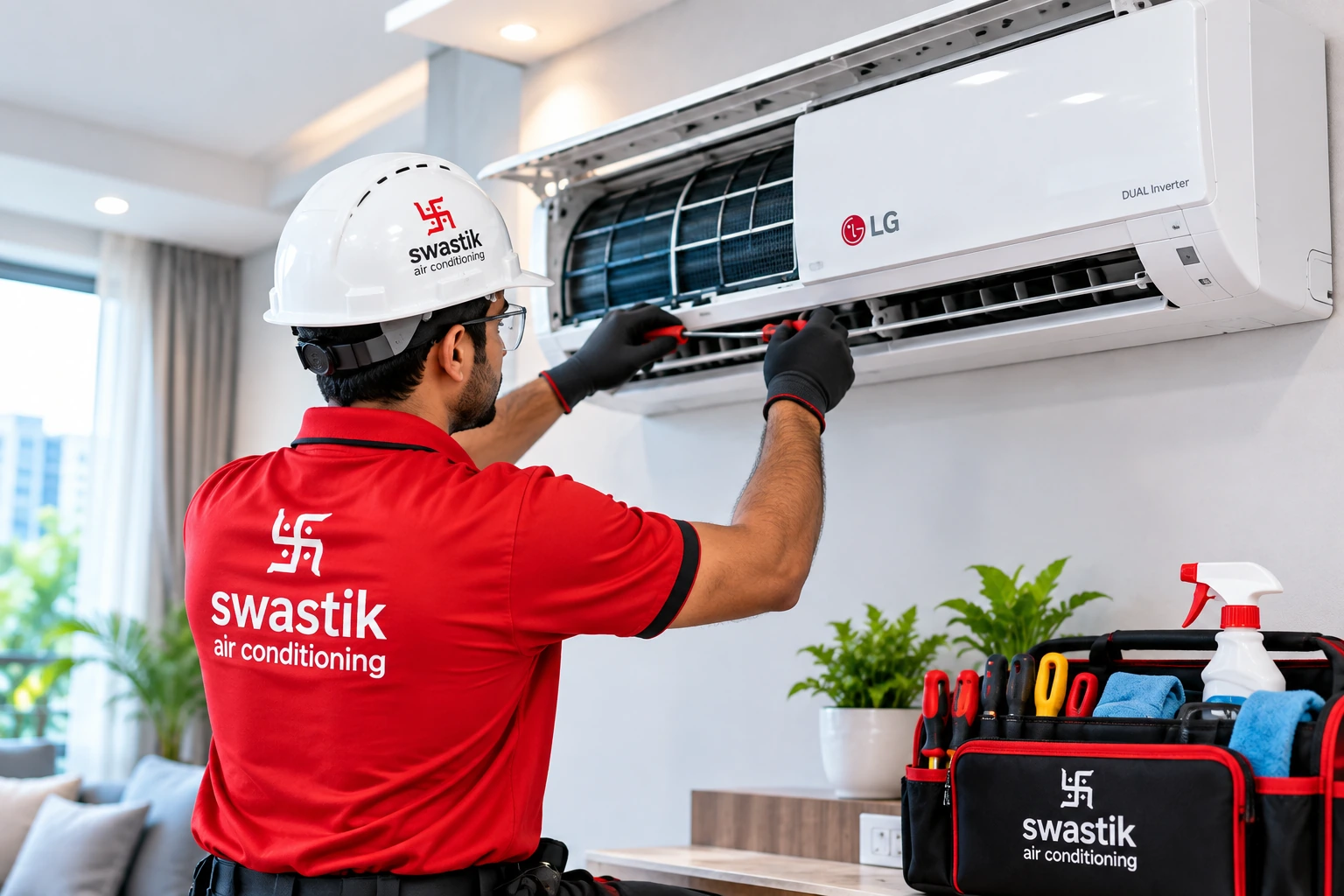 Swastik Aircon technician servicing LG air conditioner